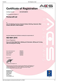 Pentacraft Ltd ISO 9001 Certificate